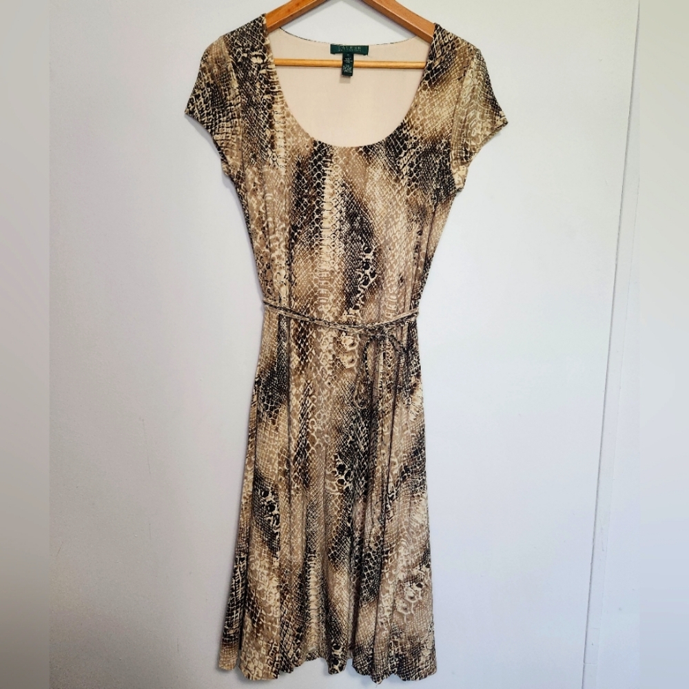 Lauren Ralph Lauren Brown Python Snake Print Jersey Dress Small Stretch